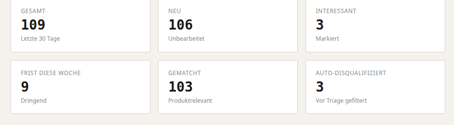 Live tender dashboard: 109 notices, 106 new, 103 matched, 3 flagged, 3 auto-disqualified